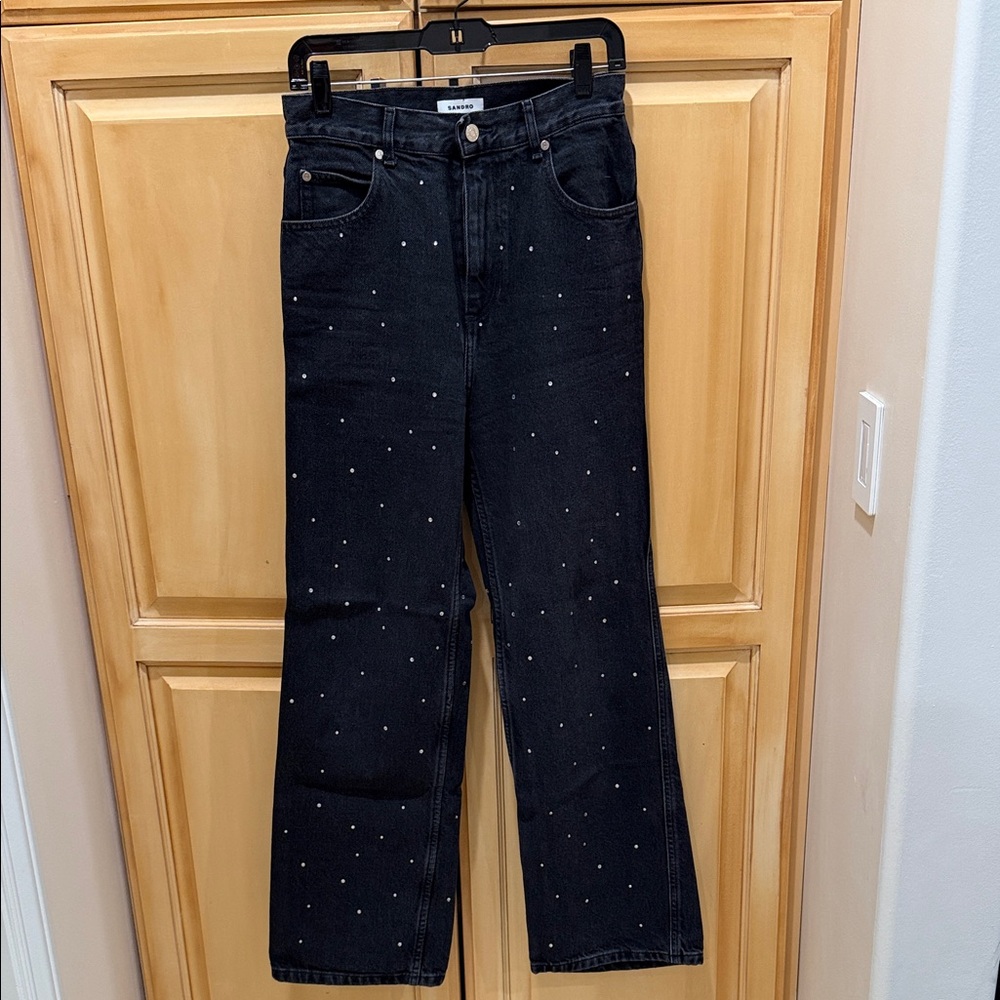 Sandro Black wide straight cut Jeans with rhinestones